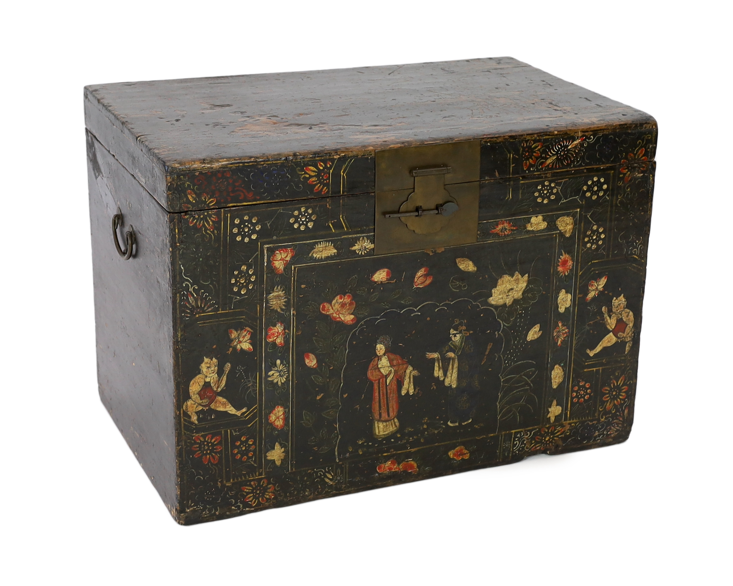 A Chinese lacquer trunk, width 84cm, depth 53cm, height 60cm